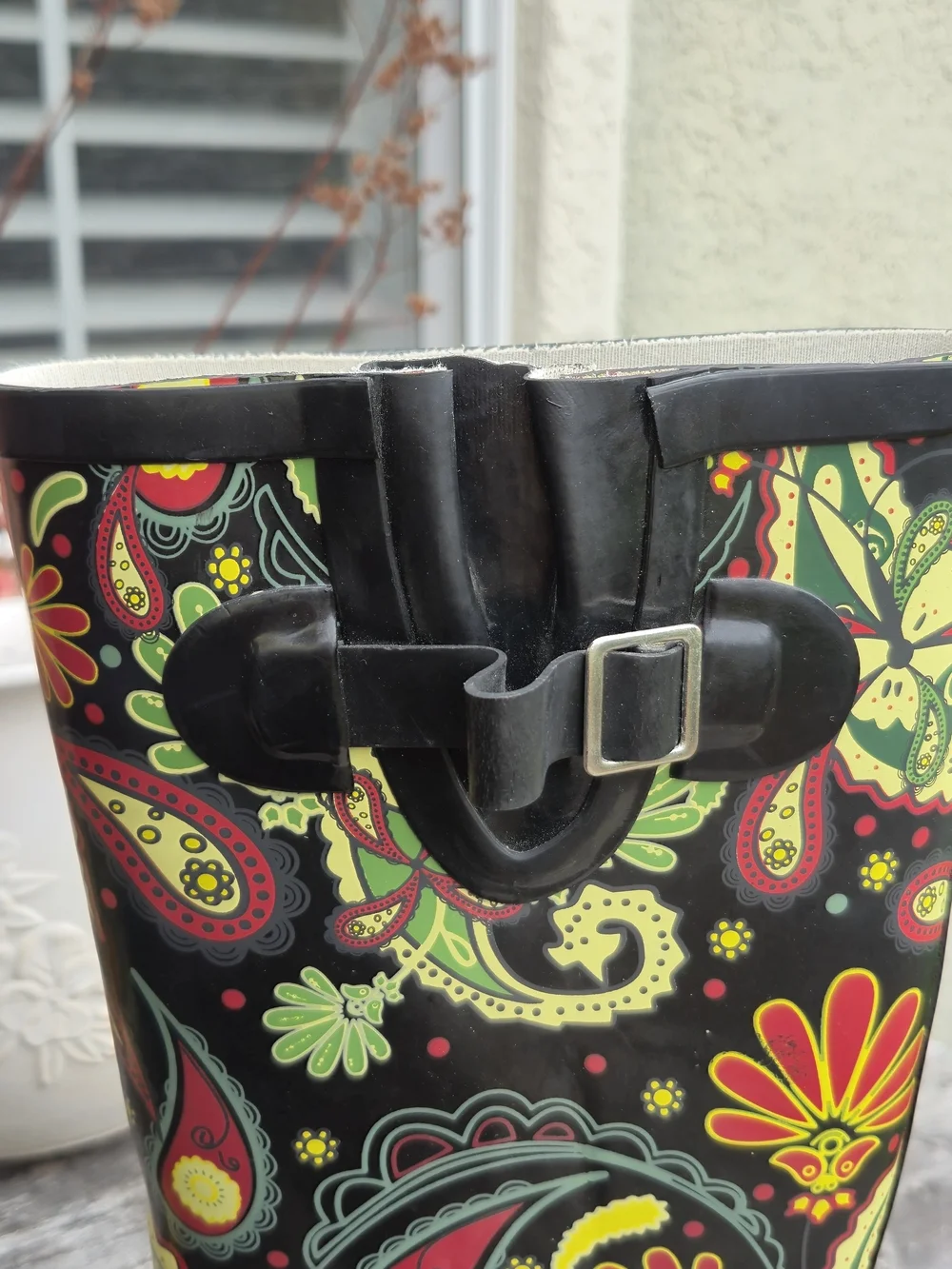 Joules Black Tall Rain Boots with Red, Yellow and Green Paisley Floral Print